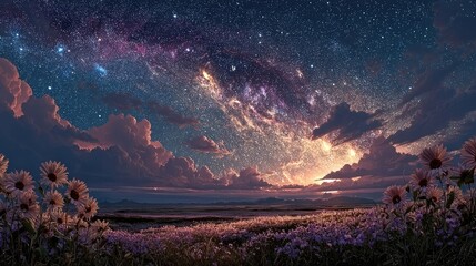 A field of flowers under a vibrant starlit sky.