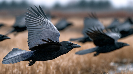 Obraz premium A flock of ravens flying in an open field.