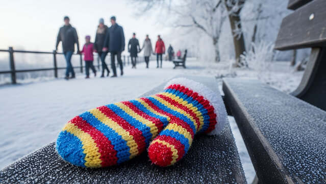 Colorful striped mitten on bench with people walking in winter  