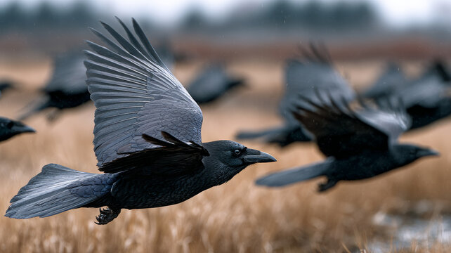 A flock of ravens flying in an open field.