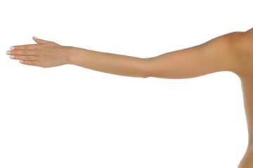 Fototapeta premium Studio shot of a woman’s arm in back view with extended hand gesture on a white background.