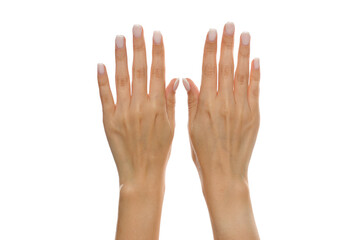 Obraz premium Studio shot of a woman's hands with elegant white manicure on a white background