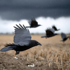 Obraz premium Crows flying over a field with a stormy sky in the background.