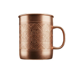 Copper metallic mug with engraved decorative pattern, shiny drinkware accessory on clean background