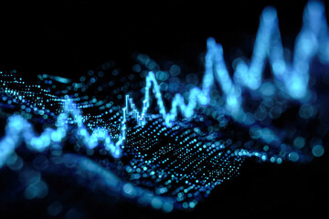 A captivating abstract representation of a digital waveform, featuring glowing blue dots and lines against a dark background, symbolizing data and technology.