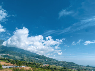 Beautiful aerial view of terraced vegetable plantations on a lush mountain slope under a bright blue sky with white clouds.
