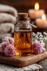 Aromatherapy oil in a glass bottle on a wooden tray with flowers and softly lit candles
