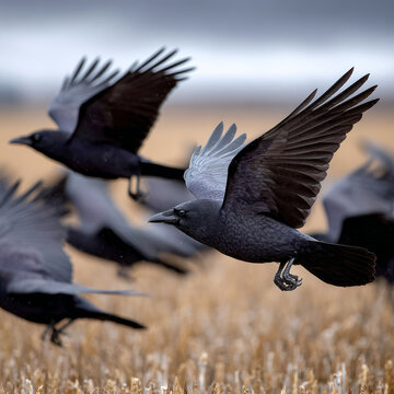 A flock of crows flying over a field in wildlife.