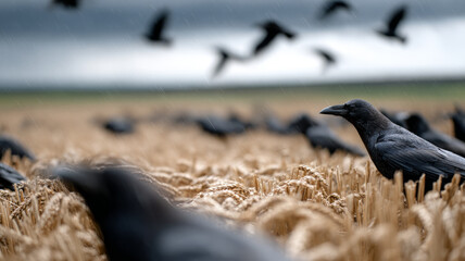 Obraz premium Crows in a wheat field with more flying in the background.