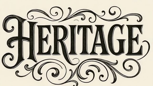 Heritage in an ornate decorative black-letter font with scroll swirls.