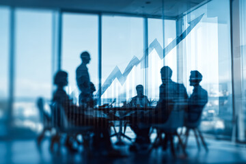A group of professionals engaged in a meeting, with a growth chart overlay symbolizing progress and success in a modern office setting.