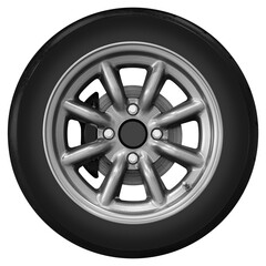 Obraz premium Gray car wheel with black caliper brake disc and tire