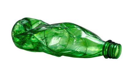 Crushed green plastic bottle waste recycling pollution environmental trash discarded empty damaged studio isolated on white background