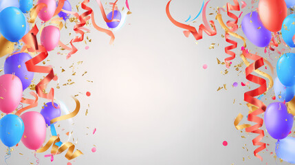 Colorful balloon and confetti celebration background with red and gold ribbon streamers creating festive and joyful atmosphere for party events