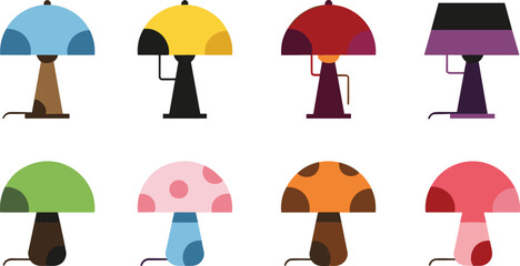 Colorful Modern Table Lamp Set with Mushroom Shapes Flat Vector Home Lighting Illustration