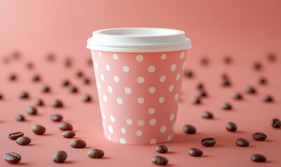 Paper cup of coffee surrounded by coffee beans, presented as a concept for a brand or product mockup, Generative AI