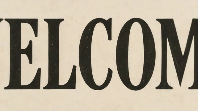a sign with the word WELCOME in bold black letters on a light background