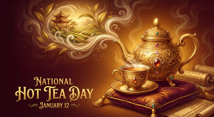 Ornate golden teapot and teacup with steam transforming into a magical Asian landscape, celebrating National Hot Tea Day.