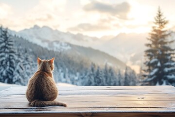 Obraz premium Serene Orange Cat Sitting on Wooden Deck, Gazing at Snowy Mountain Landscape at Sunset