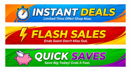 Flash Sales and Instant Deals Web Banners Set with Countdown Timer and Flying Piggy Bank