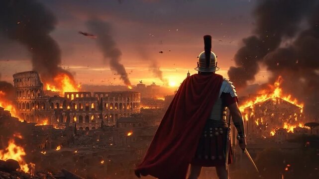 Roman soldier witnesses fiery destruction of ancient Rome at twilight.