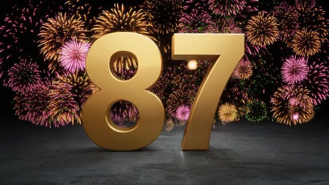 Gold number 87 with fireworks in the background. Festive scene for birthday or anniversary party