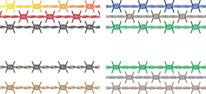 Colorful and Neutral Barbed Wire Patterns on White Background