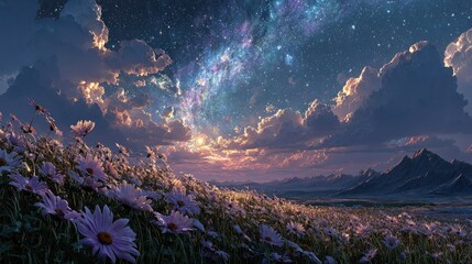 A field of flowers under a vibrant starlit sky.