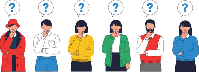 Diverse group of thoughtful people with question marks in speech bubbles wondering, thinking, and searching for answers or creative solutions