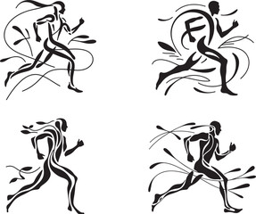 Fototapeta premium Four black and white line of running people with dynamic motion lines