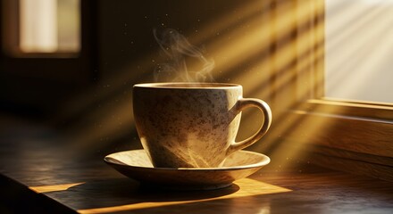 Obraz premium Ceramic Coffee Cup on Café Windowsill with Warm Indoor Lighting