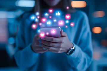 A person interacts with a smartphone, surrounded by floating social media icons like likes and hearts, symbolizing digital engagement.
