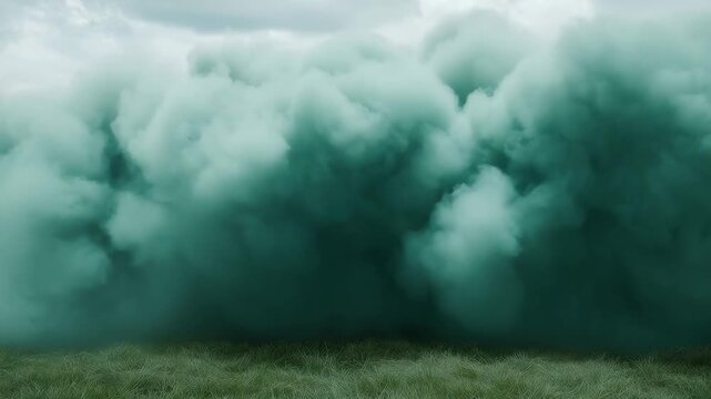 Thick green smoke envelops the landscape, creating a surreal atmosphere and obscuring the view, A wall of thick green smoke falling from the surface