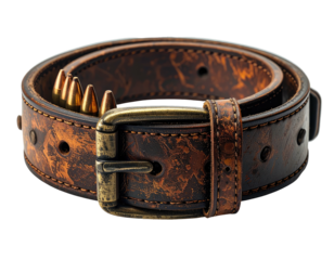 Aged leather belt with ammo cartridges. Focused on texture and detail