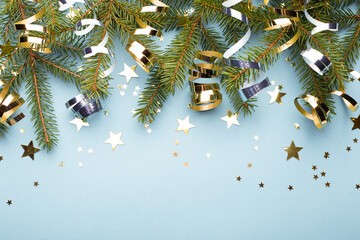 Christmas background with fir branches and decorations.