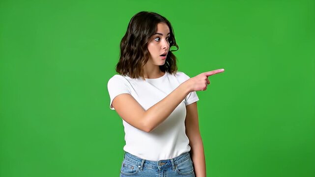 Footage: Surprised young woman with shocked expression pointing finger sideways on green screen background, indicating something.