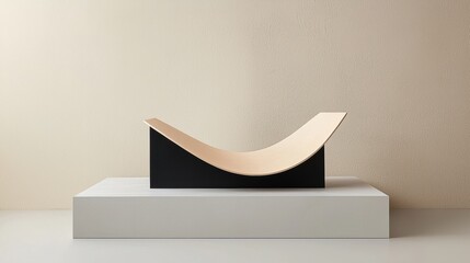 A minimalist black and white sculpture of a curved, abstract shape.