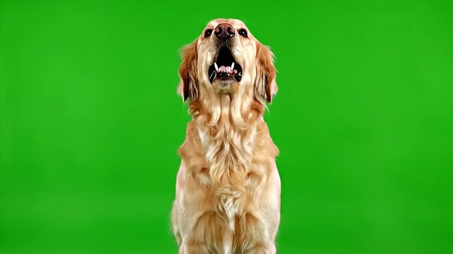 Golden retriever dog barking and howling, looking up, on green screen background. Isolated pet animal footage.