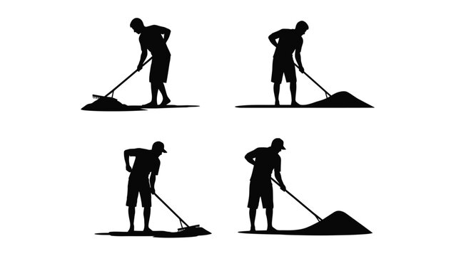 Four black silhouette icons depicting a man raking or shoveling sand in different poses