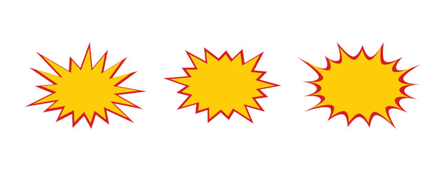 Yellow starburst badge set with red outline. Sharp spiky sunburst shapes for price highlights. Sale promotion labels for discounts, offers and advertising designs