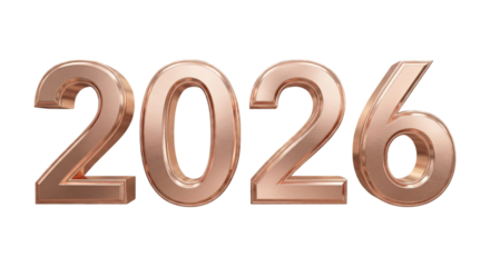 Future year 2026 displayed in metallic numbers isolated on transparent background