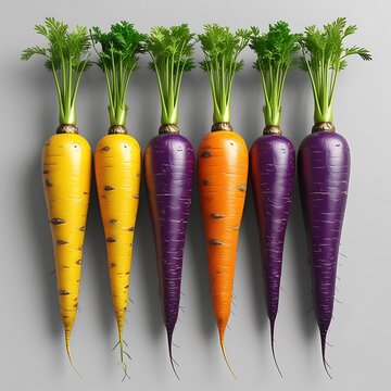Colorful Carrots Arranged In A Row On White Background