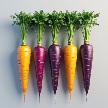 Colorful Carrots Arranged In A Row On White Background