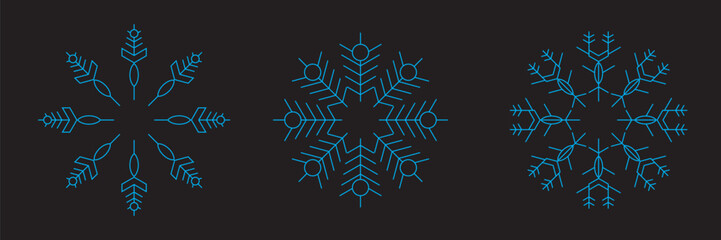 Blue linear snowflakes collection. Simple snow flake icon set for Christmas and Happy New Year decor, winter holiday decoration, greeting card design elements. Vector illustration bundle
