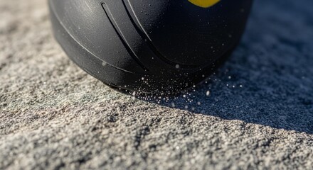 Dusty black object with a textured surface resting on rough, sun-kissed ground, surrounded by tiny white particles, showcasing intricate details.