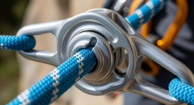 Close-up of a climbing belay device with a blue and white rope threaded through it, highlighting safety equipment for rock climbing, abseiling, and outdoor adventure.