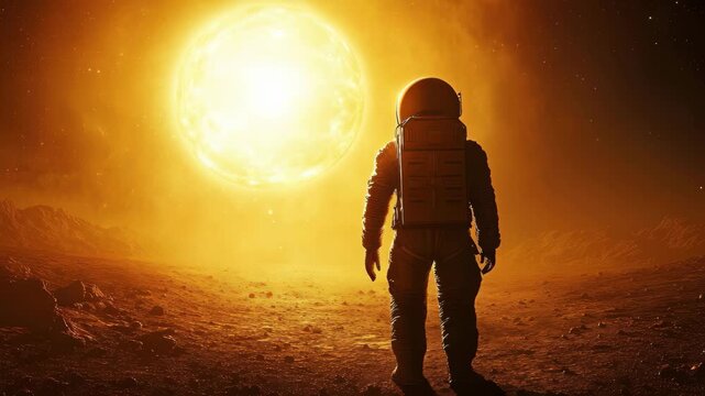 Confident astronaut stands before a massive sun in the vastness of space during an extraordinary exploration, Video of a brave astronaut in space suit confidently walking on the moon towards the sun