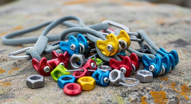 Technical rock climbing gear featuring an assortment of colorful camming devices, nuts, and a rope with carabiners, essential for outdoor adventure and safety.