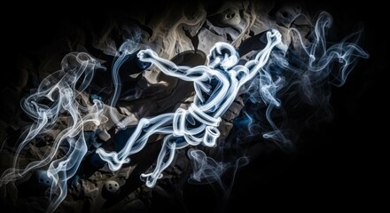 A smoke figure of a rock climber ascends an abstract dark surface, dynamically formed by glowing white and blue ethereal smoke trails, symbolizing strength and adventure.
