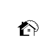 Minimalist black and white logo depicting a house with a stylized tree, representing home and nature.